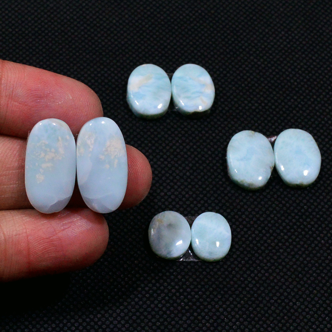 4 Pairs 615Cts Natural Larimar Gemstone Cabochon Pair Lot For Jewelry Making 18x8 10x8mm 19135