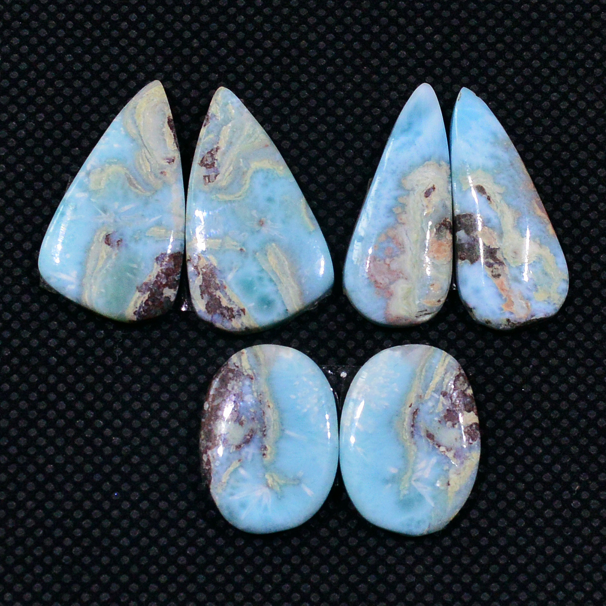 3 Pairs 63Cts Handmade Natural Larimar Gemstone Cabochon Pairs For Dangle Earrings 22X10 16X12mm 19138