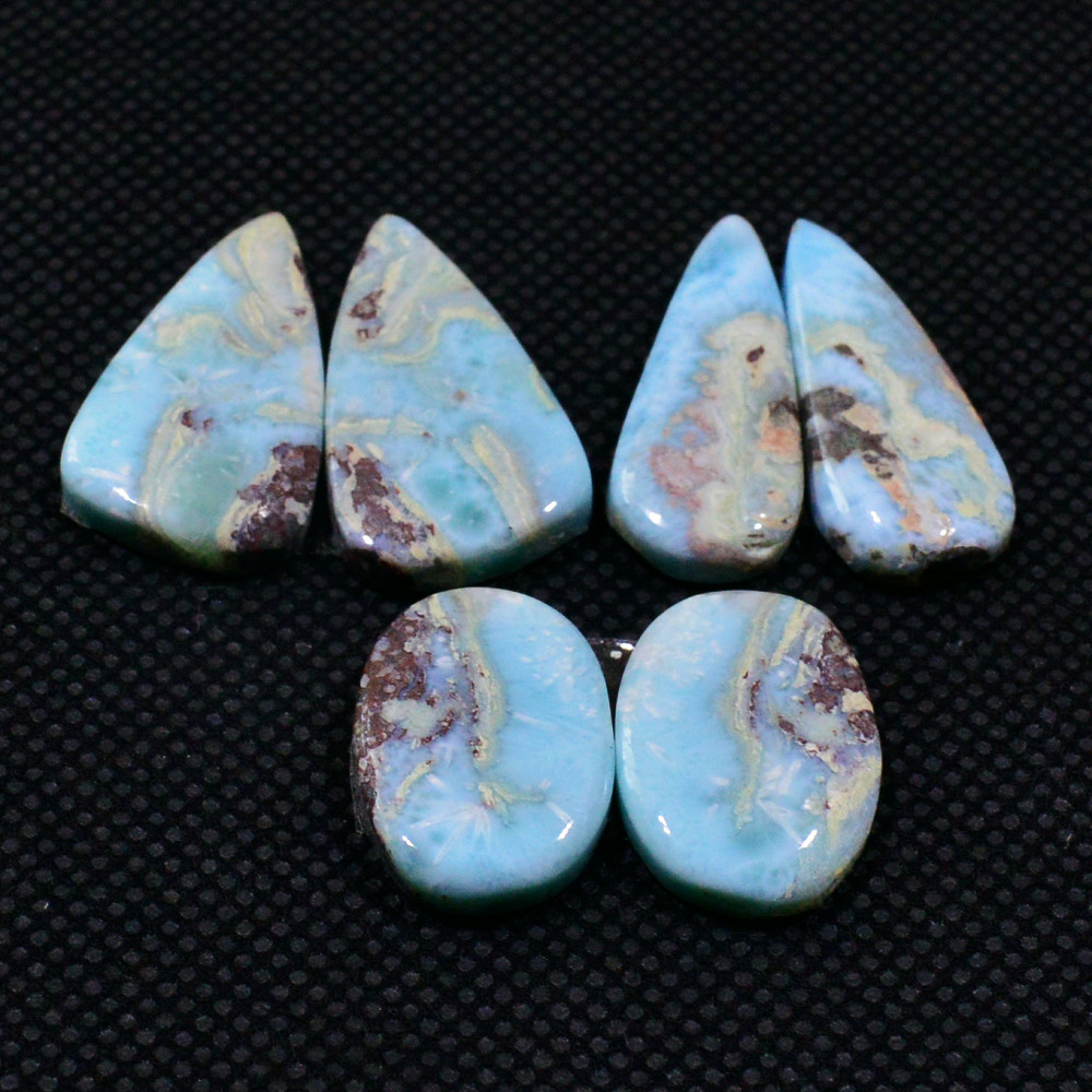 Image of 3 Pairs 63Cts Handmade Natural Larimar Gemstone Cabochon Pairs For Dangle Earrings 22X10  16X12mm #19138