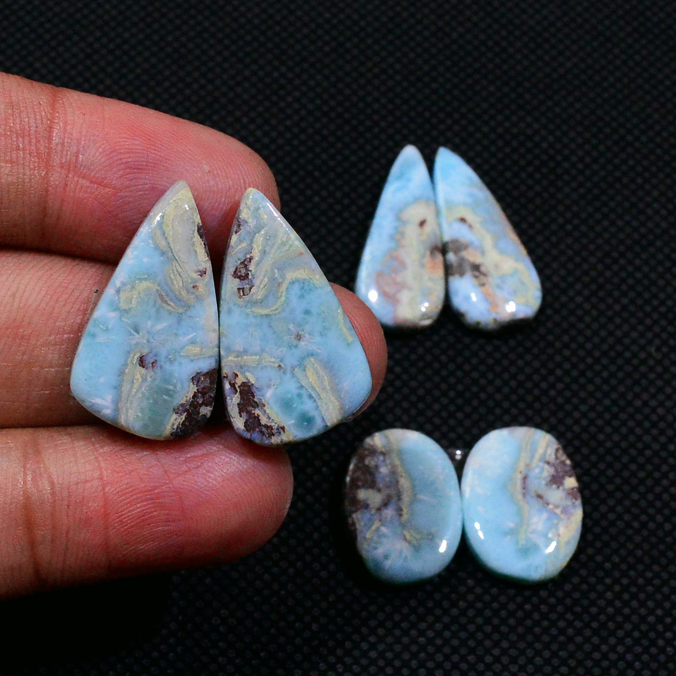 3 Pairs 63Cts Handmade Natural Larimar Gemstone Cabochon Pairs For Dangle Earrings 22X10 16X12mm 19138