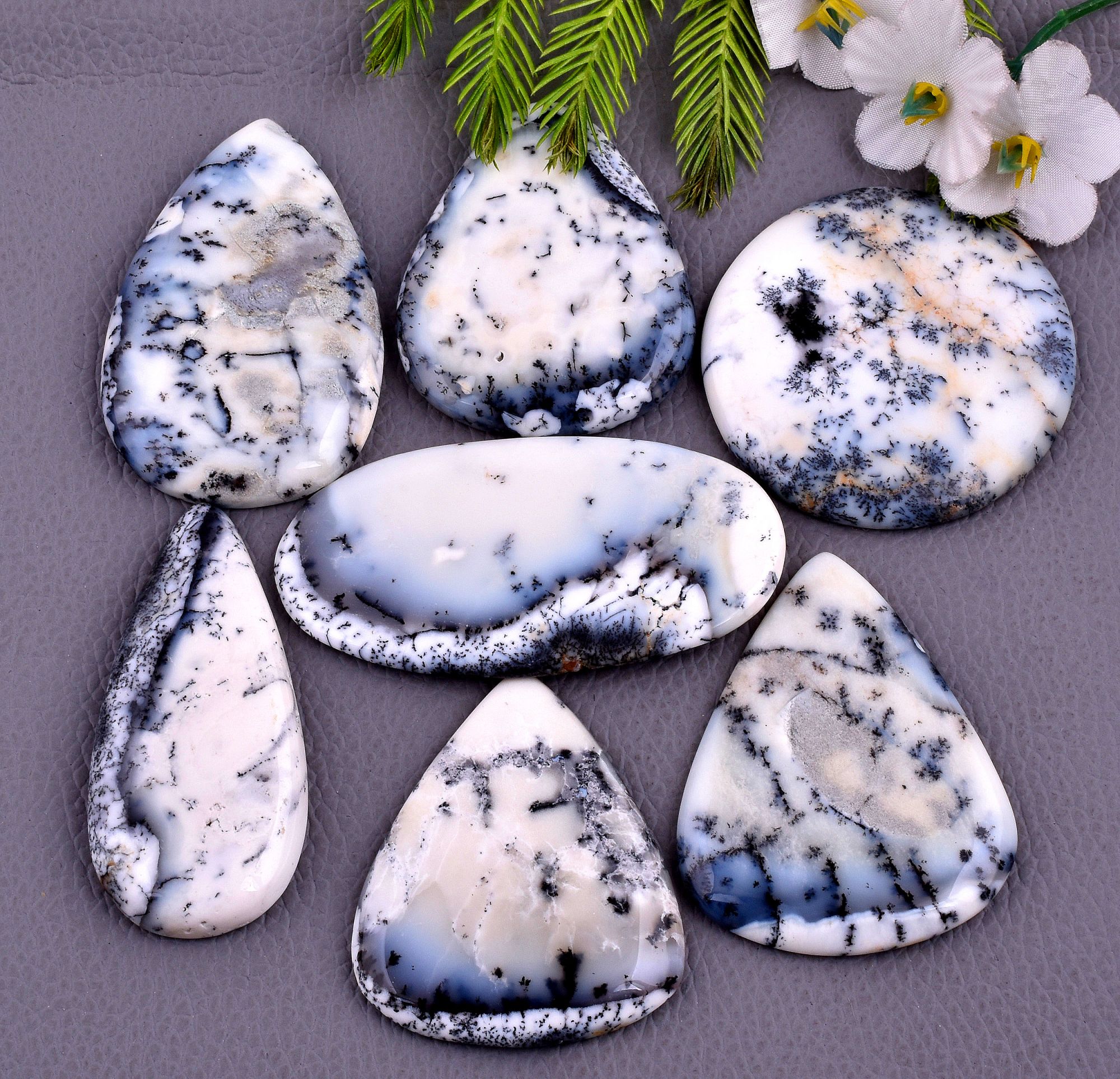 7Pcs 535CTS Natural Dendrite Opal Mix Shape Cabochon Loose Gemstone Wholesale Lot Size 61x32 46x38mm