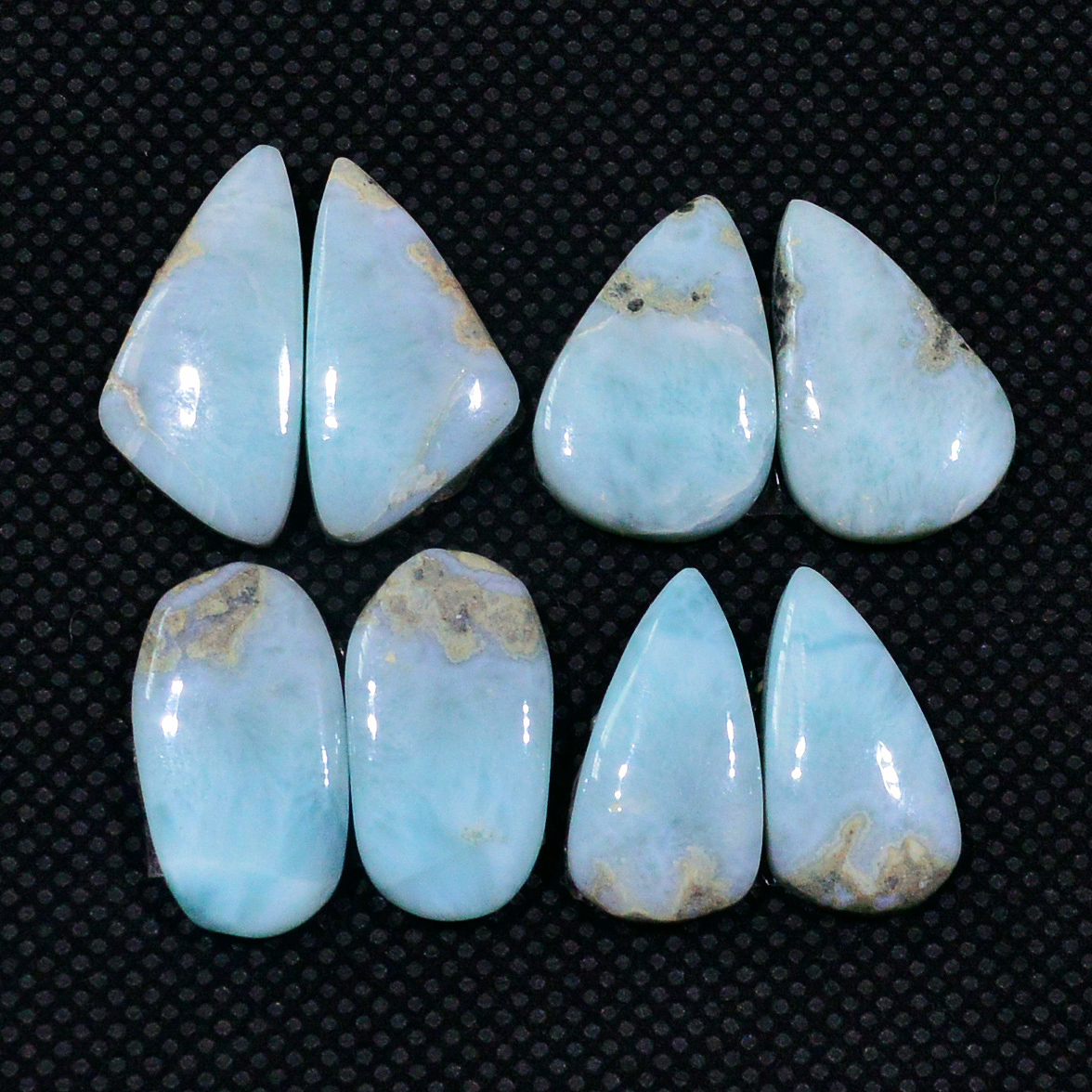 4 Pairs 63Cts Handmade Natural Larimar Gemstone Cabochon Pairs For Dangle Earrings 12X8 14X8mm 19140