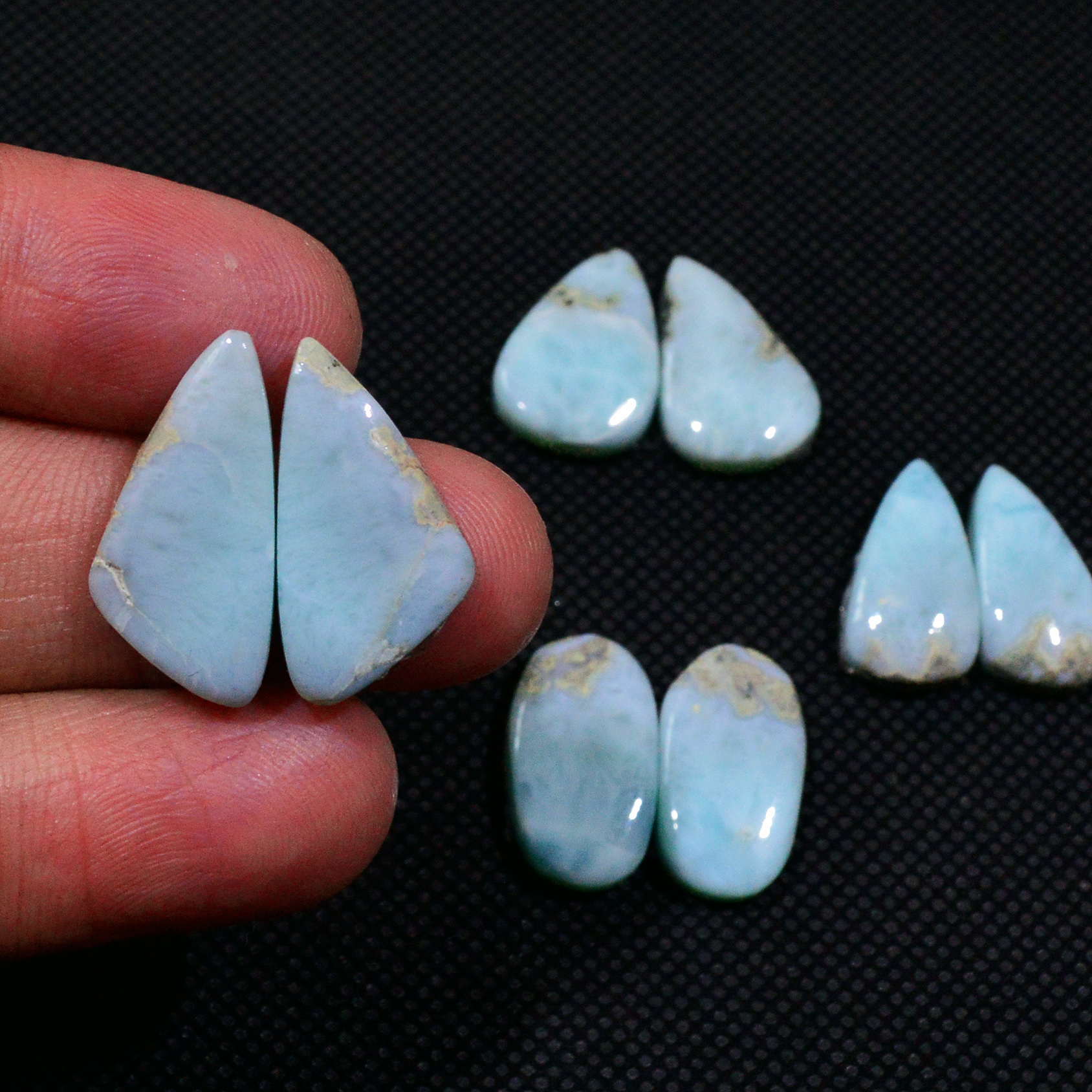 4 Pairs 63Cts Handmade Natural Larimar Gemstone Cabochon Pairs For Dangle Earrings 12X8 14X8mm 19140