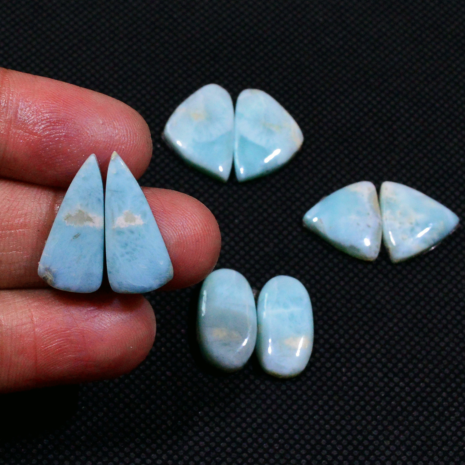4 Pairs 63Cts Handmade Natural Larimar Gemstone Cabochon Pairs For Dangle Earrings 18X8 13X13mm 19143