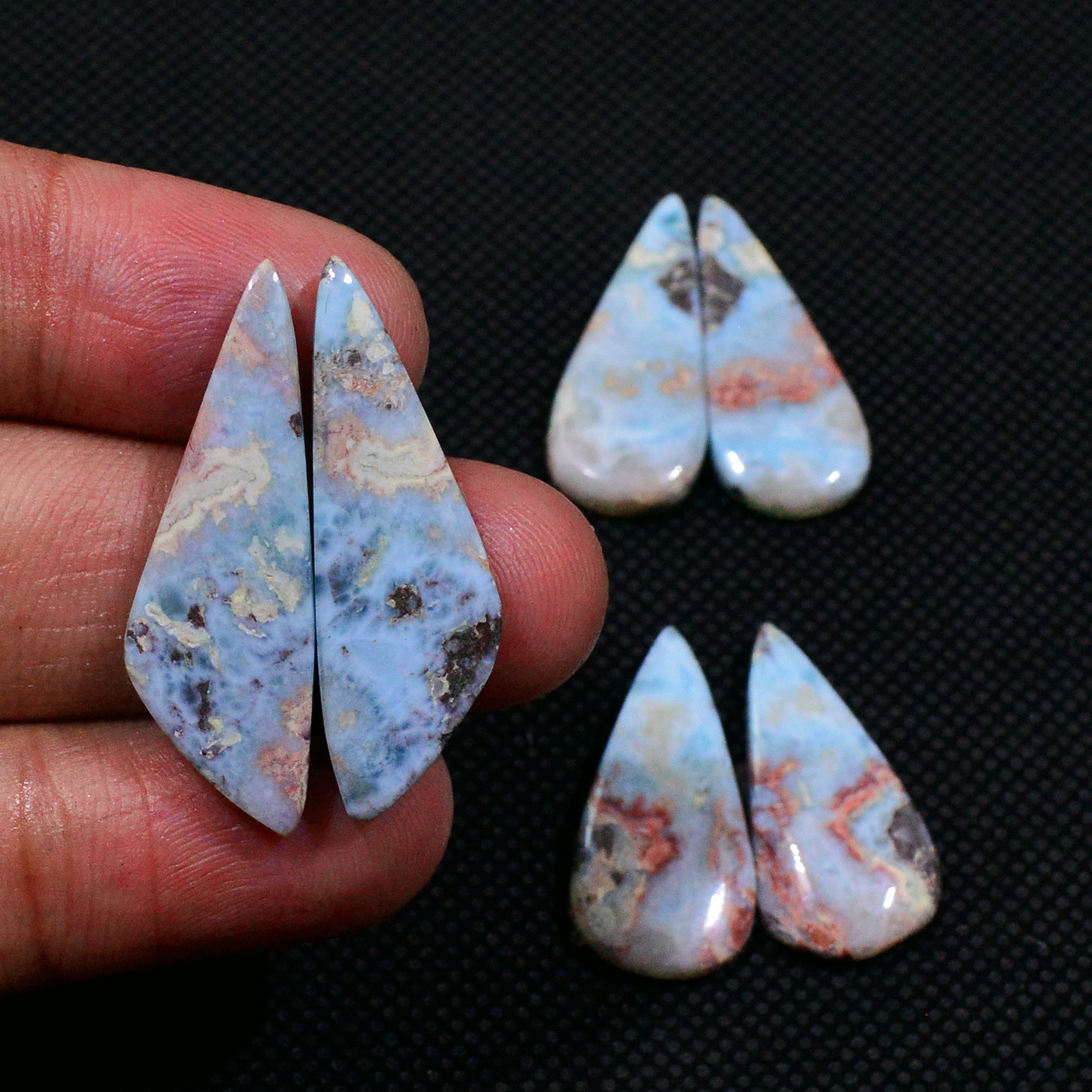 3 Pairs 635Cts Handmade Natural Larimar Gemstone Cabochon Pairs For Dangle Earrings 31x9 25x8mm 19146
