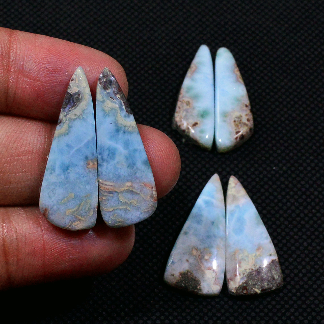 3 Pairs 63Cts Handmade Natural Larimar Gemstone Cabochon Pairs For Dangle Earrings 28x9 25x7mm 19147