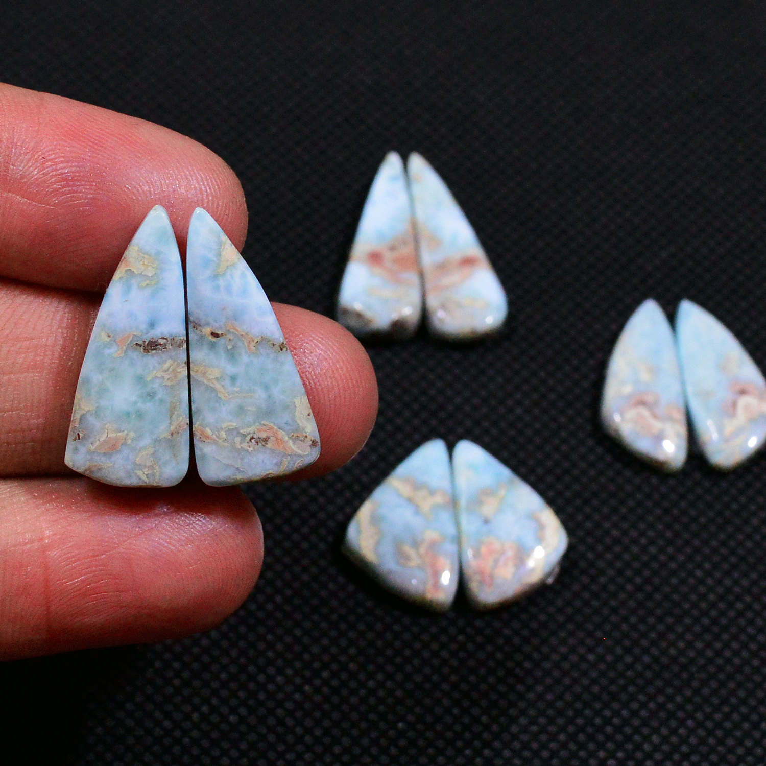 4 Pairs 56Cts Handmade Natural Larimar Gemstone Cabochon Pairs For Dangle Earrings 22x8  16x9mm 19148