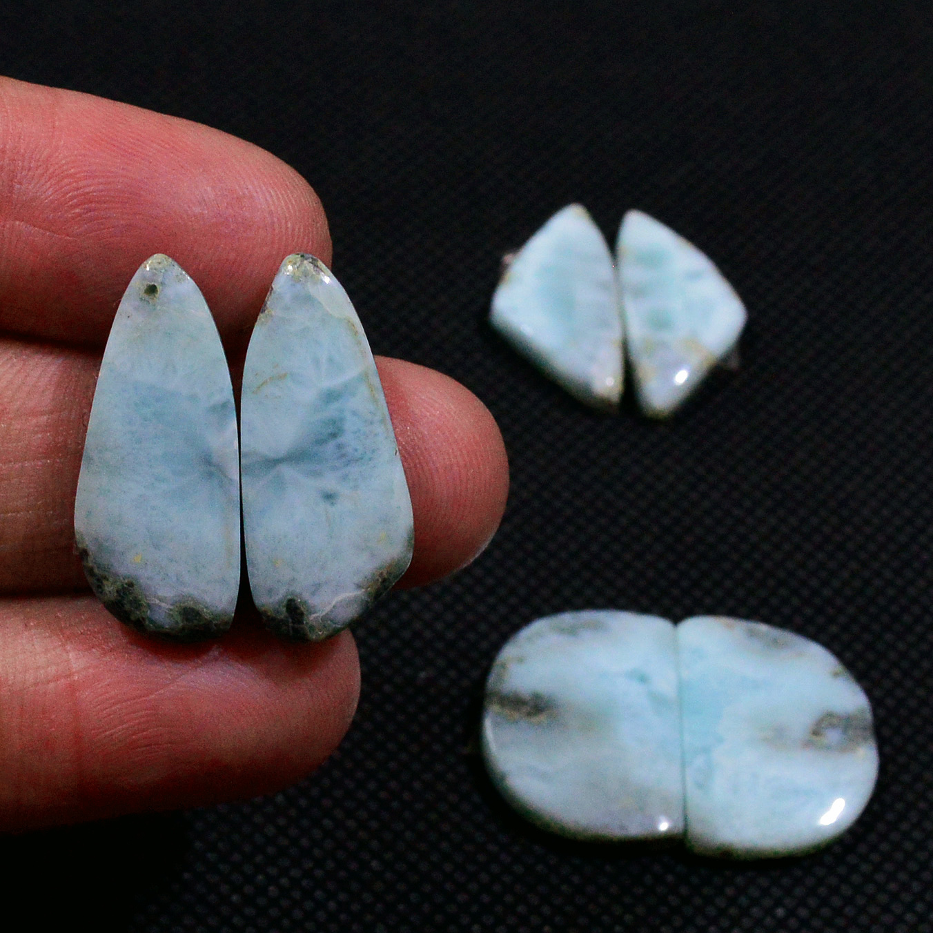 3 Pairs 59Cts Handmade Natural Larimar Gemstone Cabochon Pairs For Dangle Earrings 22x9 20x10mm 19150