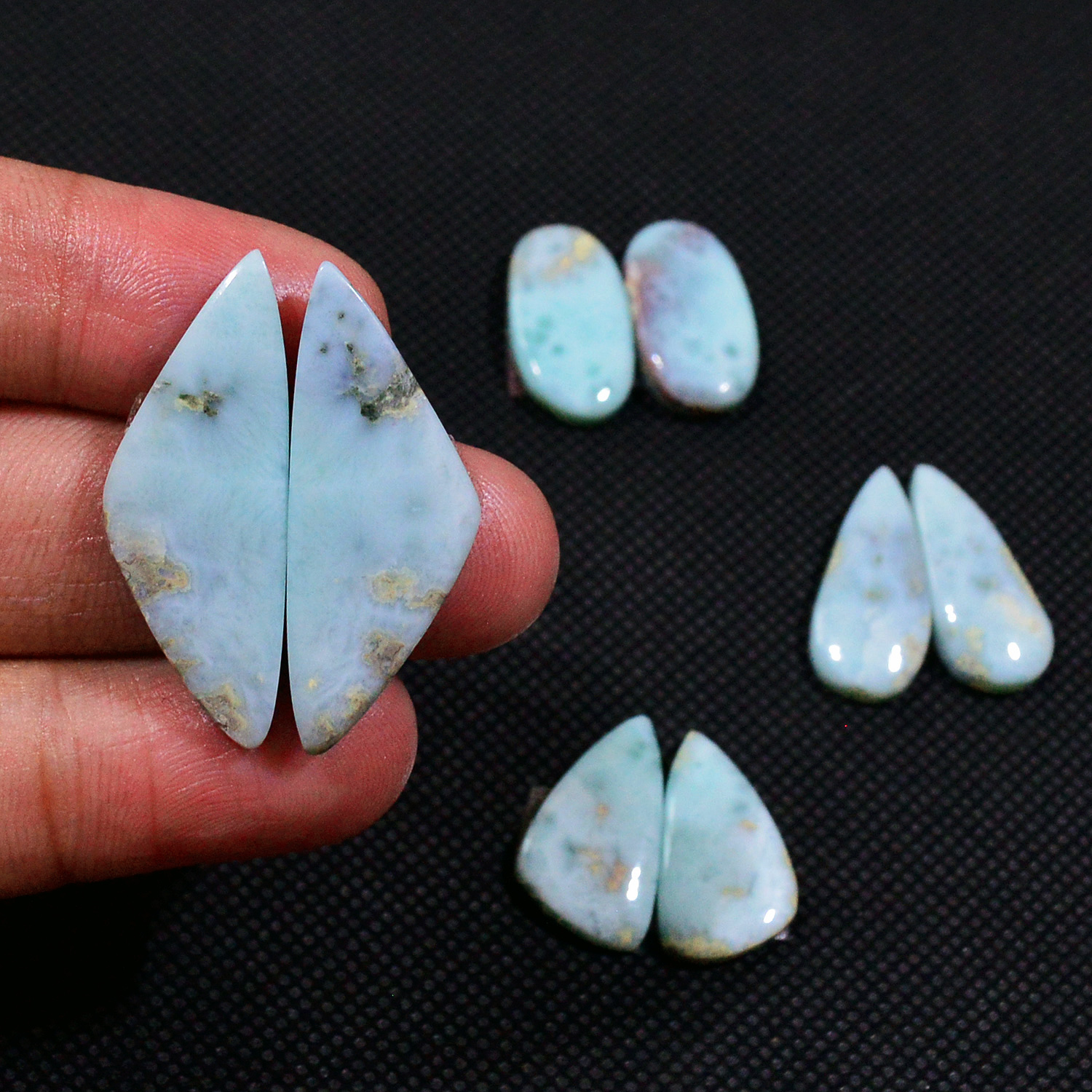 4 Pairs 77Cts Handmade Natural Larimar Gemstone Cabochon Pairs For Dangle Earrings 31X11 18X9mm 19151