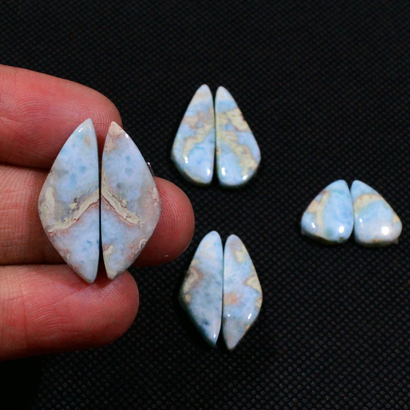 4 Pairs 58Cts Natural Larimar Cabochon Gemstone Earrings Pairs Statement Jewelry 23X7 13X9mm 19156