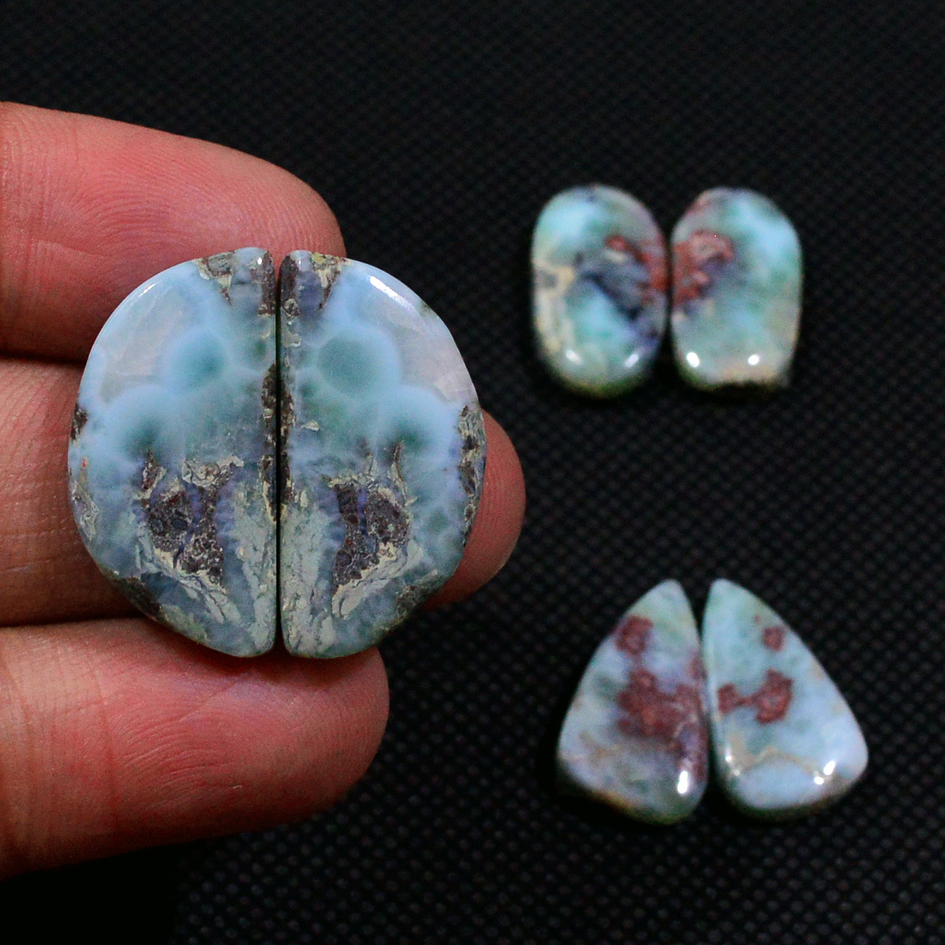 3 Pairs 59Cts Natural Larimar Cabochon Gemstone Earrings Pairs Statement Jewelry 24X10 18X9mm 19161