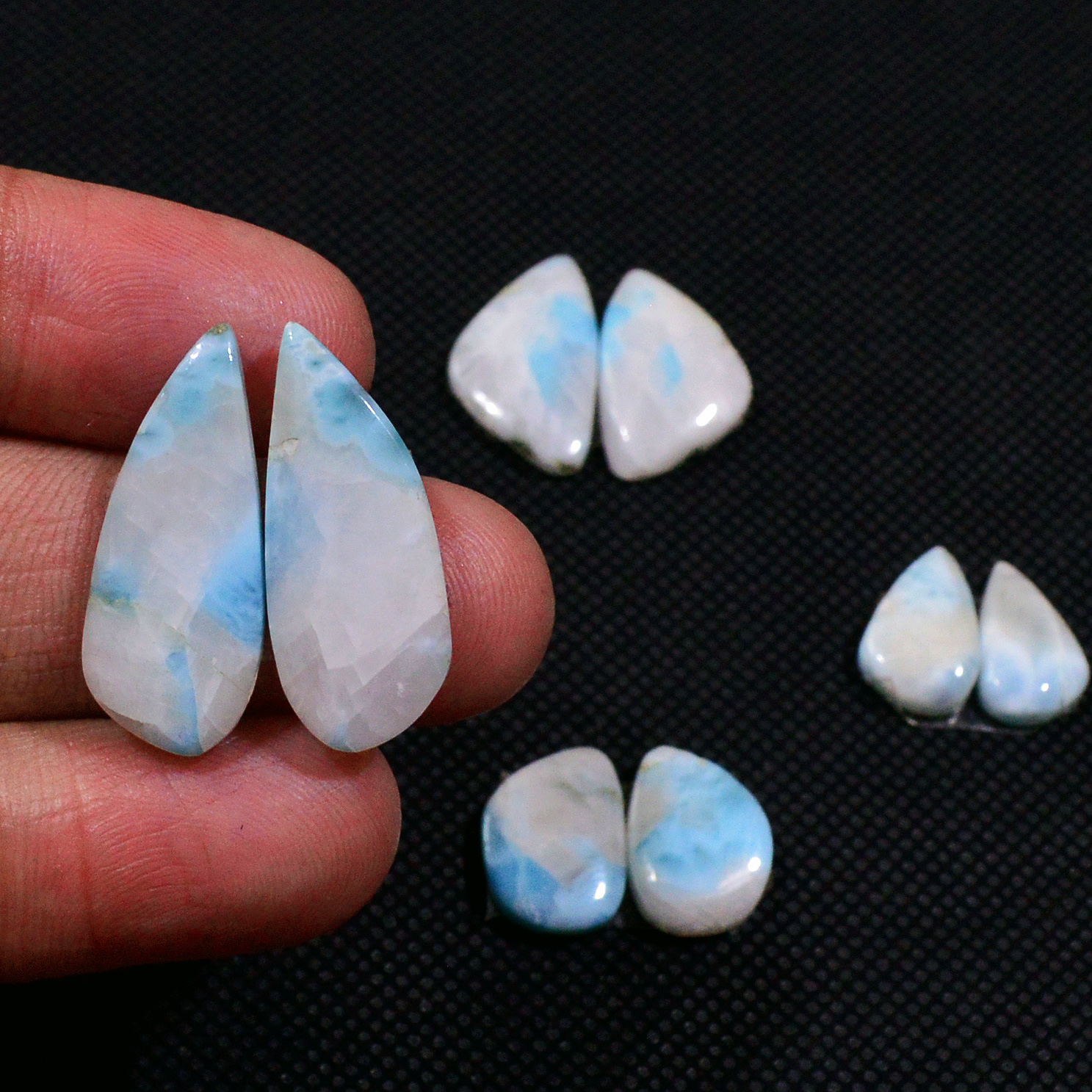4 Pairs 49Cts Natural Larimar Cabochon Gemstone Earrings Pairs Statement Jewelry 23x9 11x7mm 19167