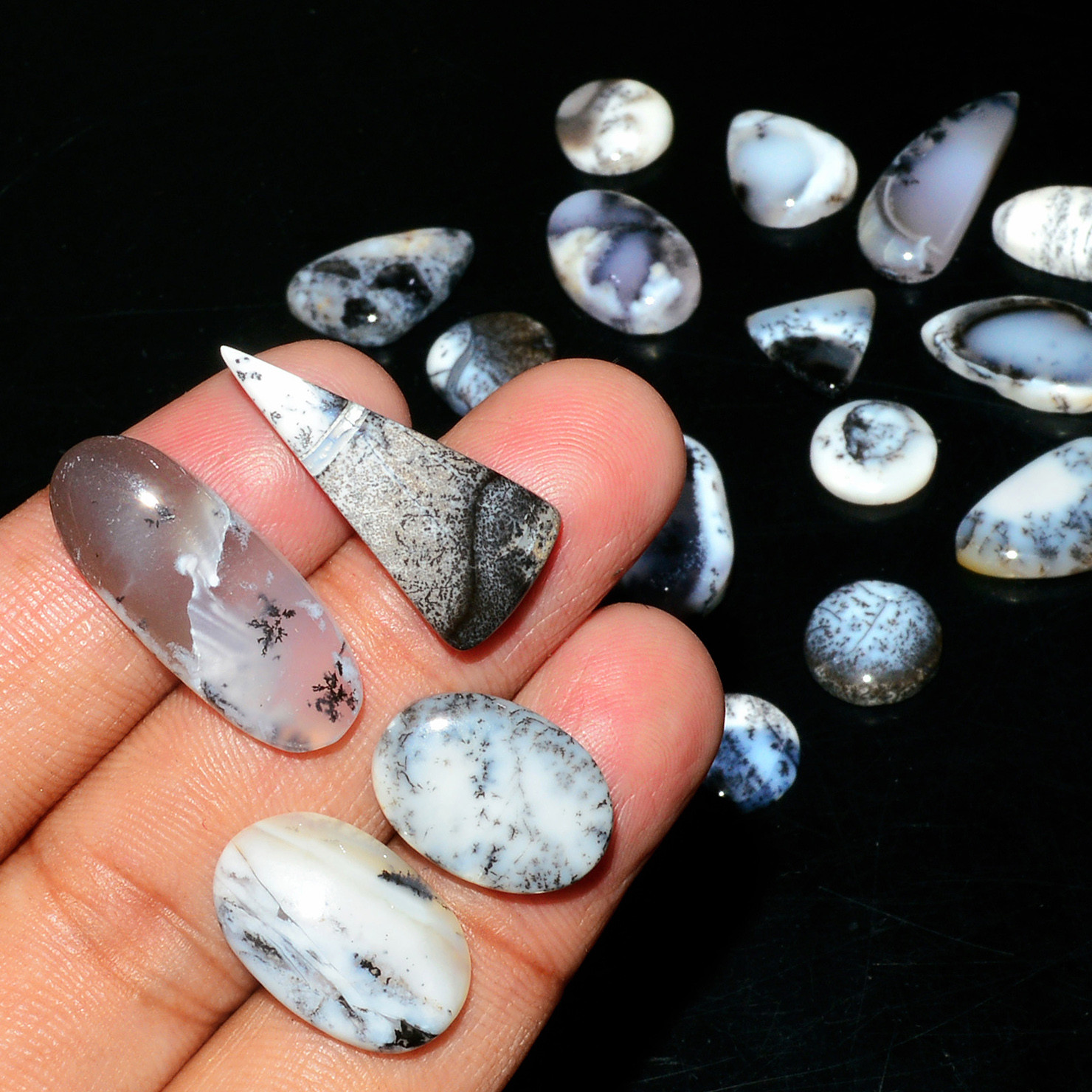 19 Piece152Cts Natural Dendrite Agate Cabochon Gemstone lot 24x9 10x10mm 19174