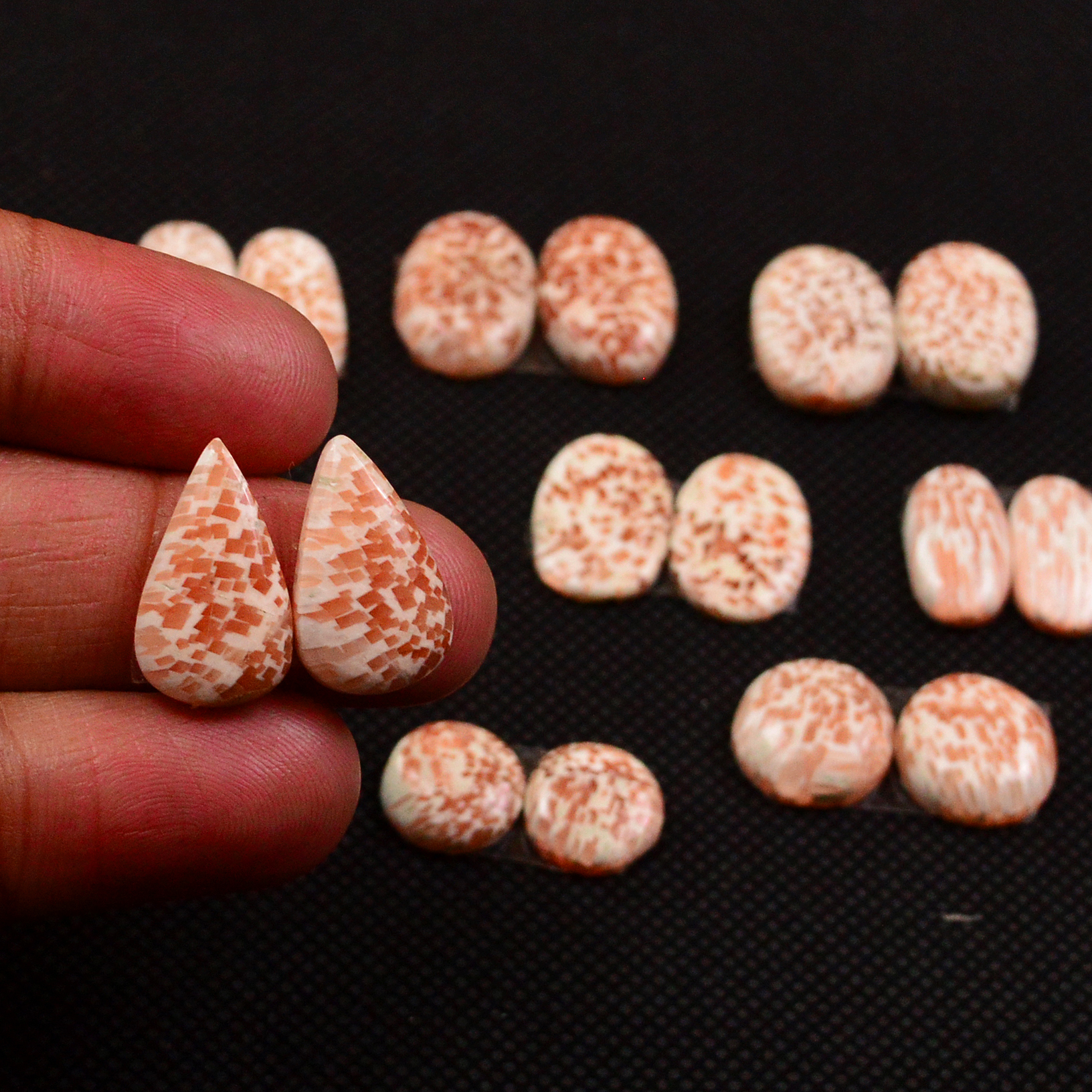8 Pairs 70Cts Natural Pink Scolecite Cabochons Pairs lot for Silver Jewelry Making  15x8 9x9mm 19234
