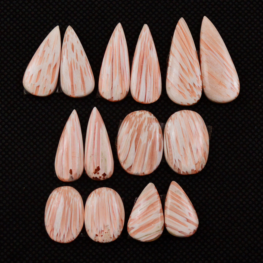 Image of 7 Pairs 69Cts Natural Pink Scolecite Cabochons Pairs lot for Silver Jewelry Making  24x8 14x9mm #19236