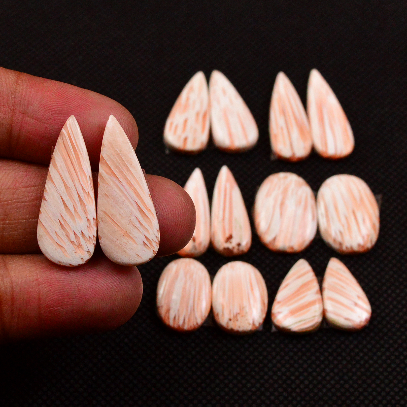 7 Pairs 69Cts Natural Pink Scolecite Cabochons Pairs lot for Silver Jewelry Making  24x8 14x9mm 19236