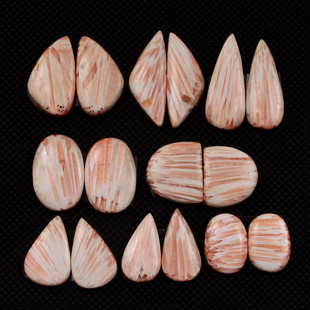 Image of 8 Pairs 81Cts Natural Pink Scolecite Cabochons Pairs lot for Silver Jewelry Making  22x8 11x8mm #19237