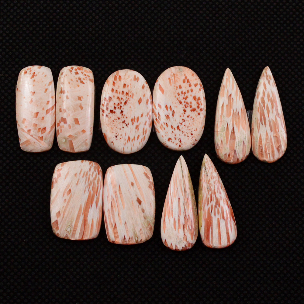 Image of 5 Pairs 74Cts Natural Pink Scolecite Cabochons Pairs lot for Silver Jewelry Making  24x7  18x11mm #19238