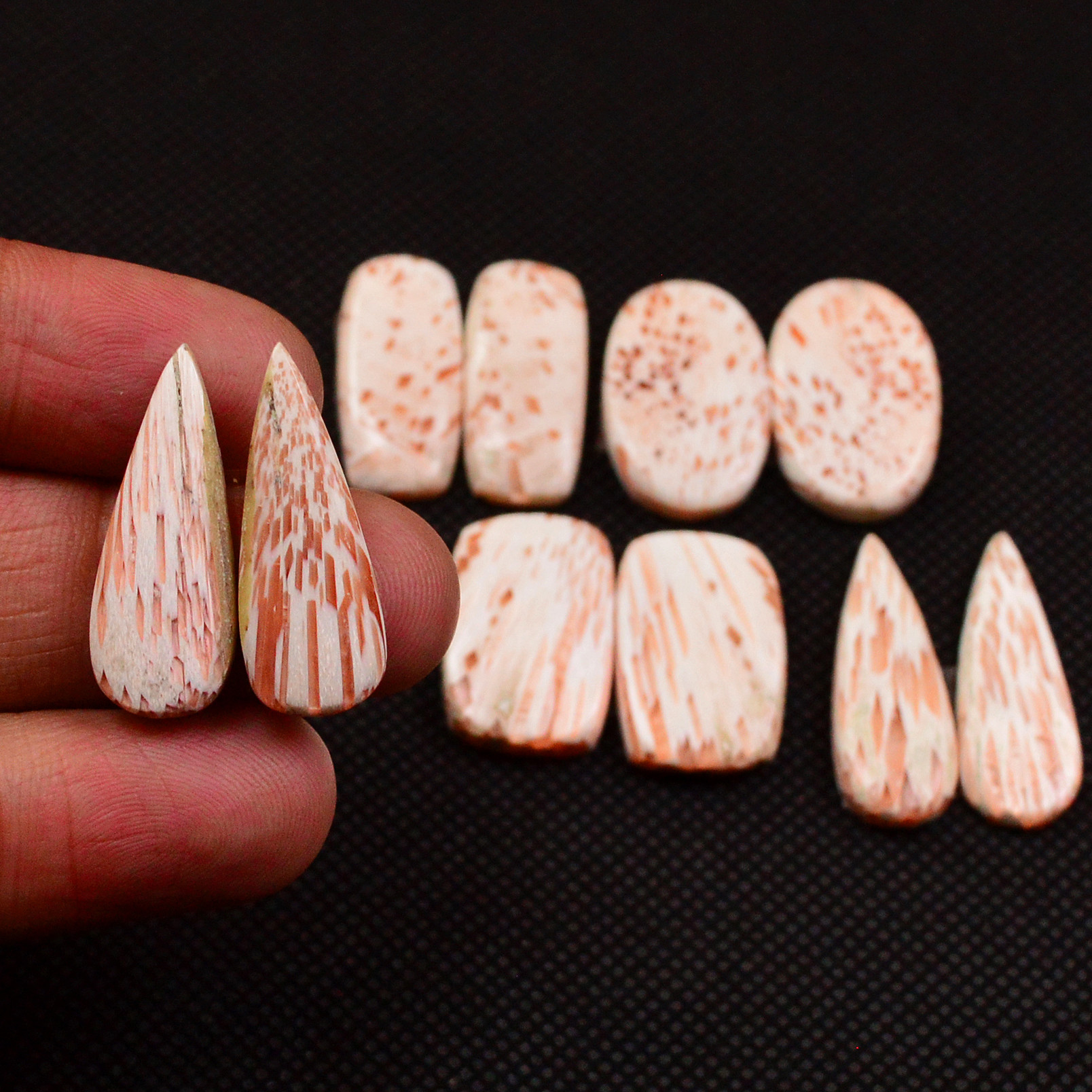 5 Pairs 74Cts Natural Pink Scolecite Cabochons Pairs lot for Silver Jewelry Making  24x7  18x11mm 19238