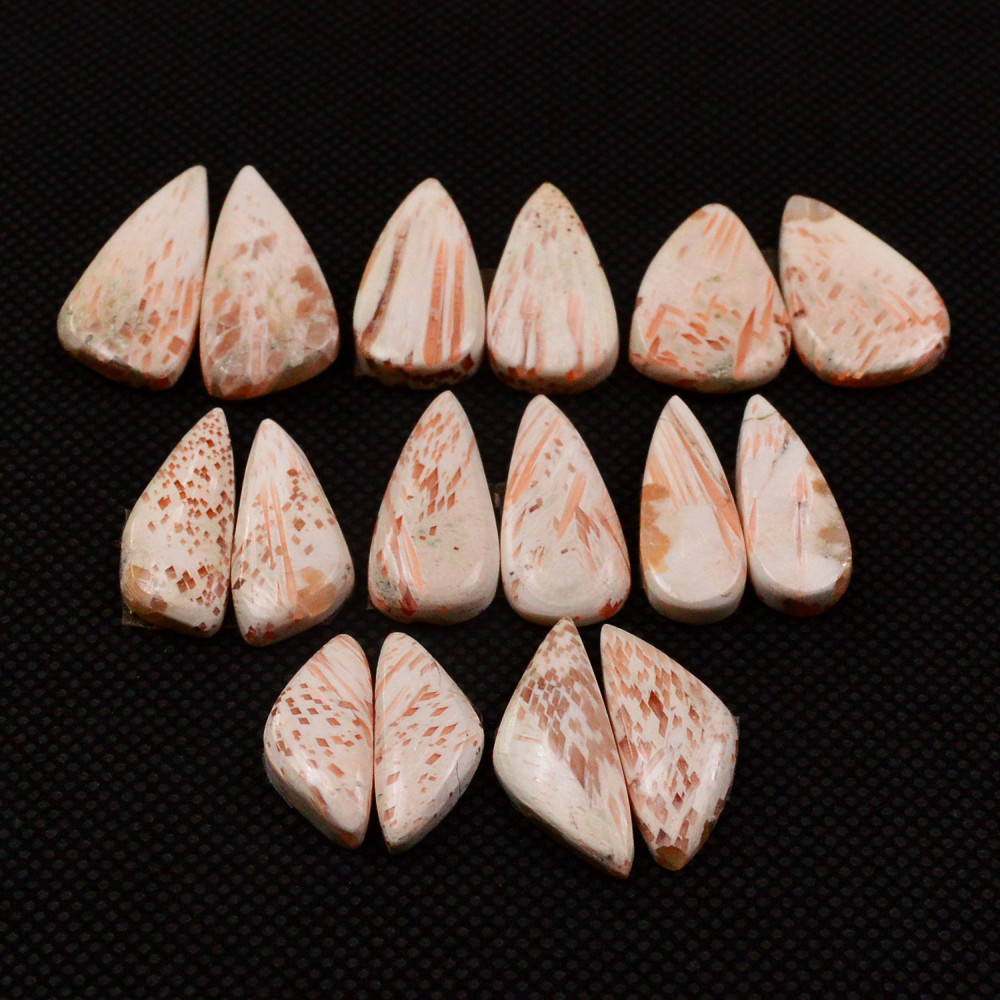 Image of 8 Pairs 87Cts Natural Pink Scolecite Cabochons Pairs lot for Silver Jewelry Making  25x10 12x6mm #19239