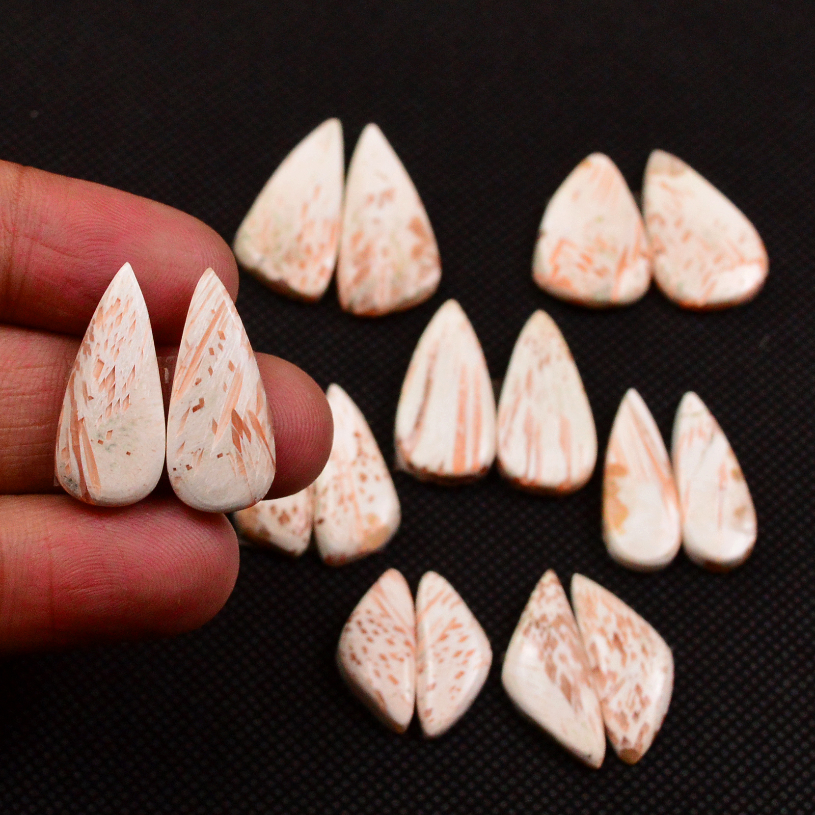 8 Pairs 87Cts Natural Pink Scolecite Cabochons Pairs lot for Silver Jewelry Making  25x10 12x6mm 19239