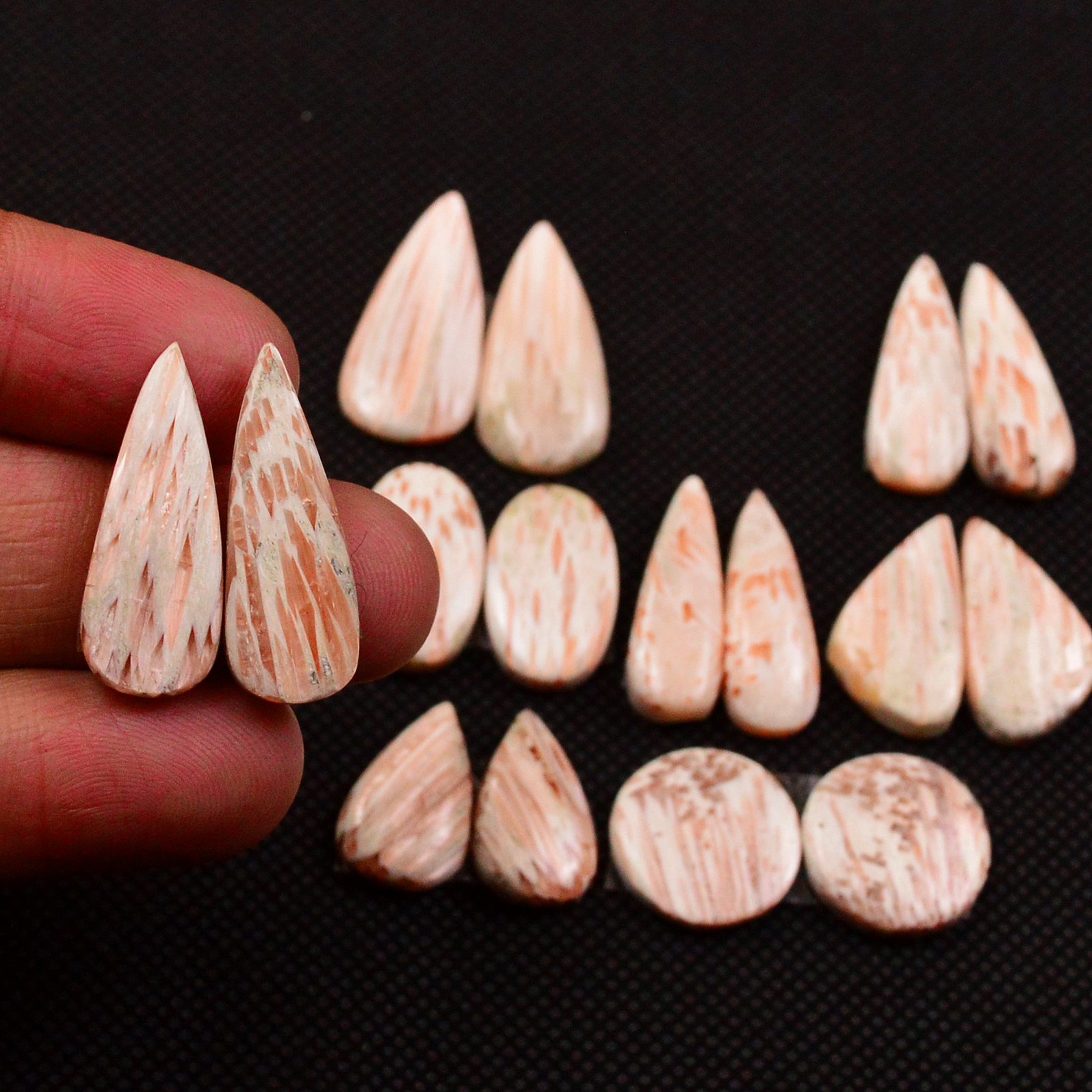8 Pairs 91Cts Natural Pink Scolecite Cabochons Pairs lot for Silver Jewelry Making  23x8 15x8mm 19240