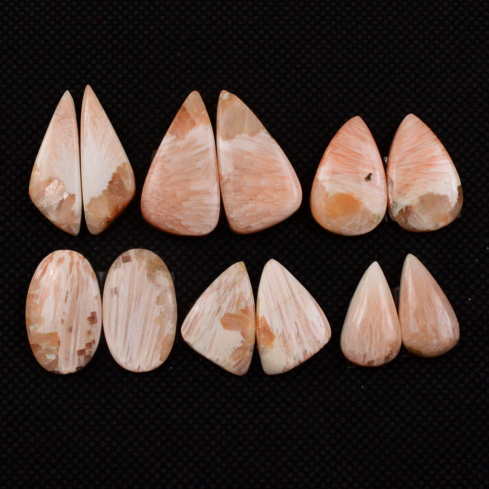 6 Pairs 80Cts Natural Pink Scolecite Cabochons Pairs lot for Silver Jewelry Making  22x15 15x8mm 19242