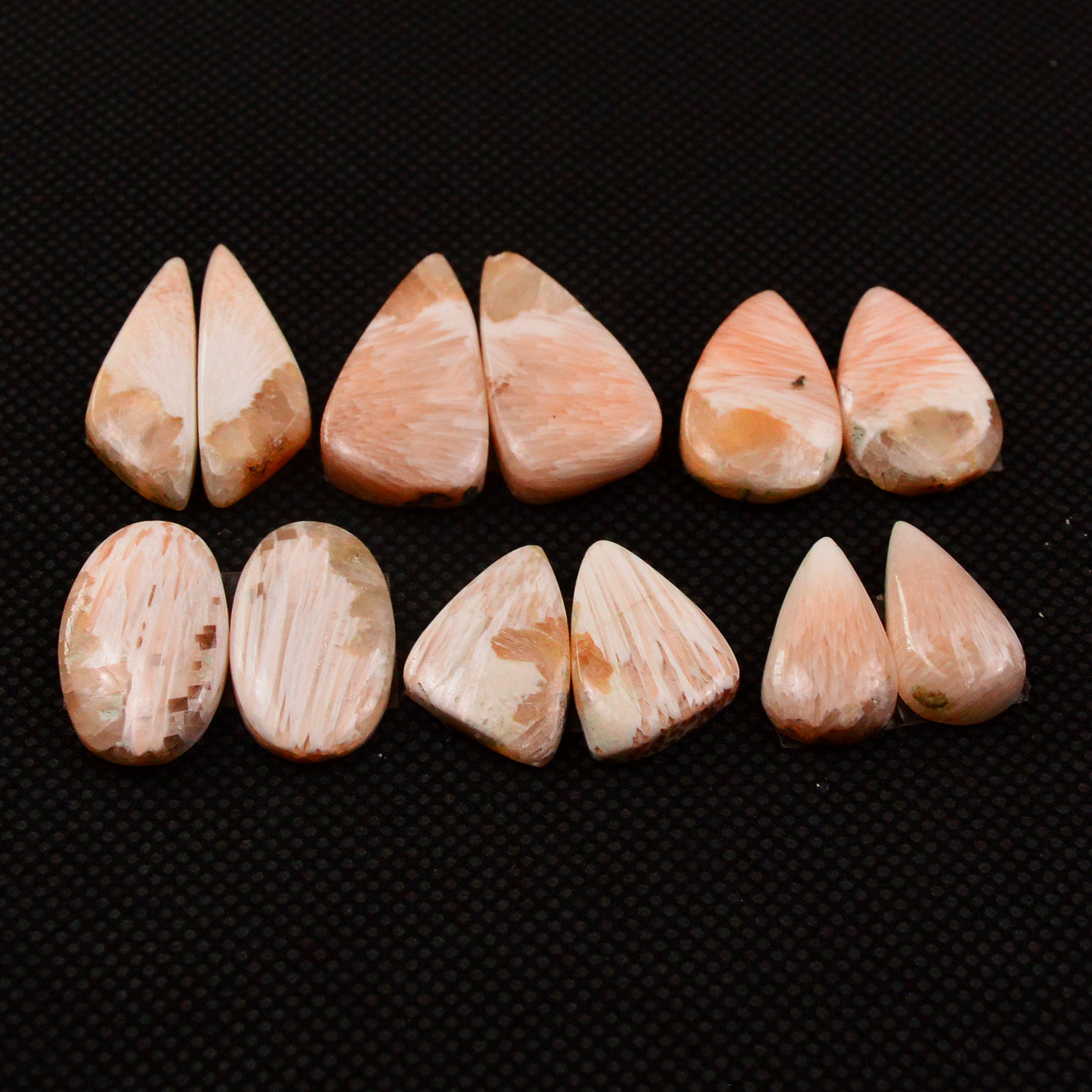6 Pairs 80Cts Natural Pink Scolecite Cabochons Pairs lot for Silver Jewelry Making  22x15 15x8mm 19242