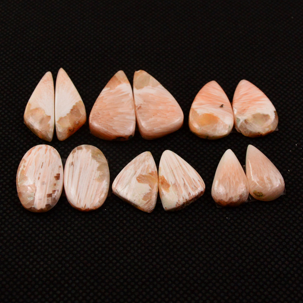 Image of 6 Pairs 80Cts Natural Pink Scolecite Cabochons Pairs lot for Silver Jewelry Making  22x15 15x8mm #19242