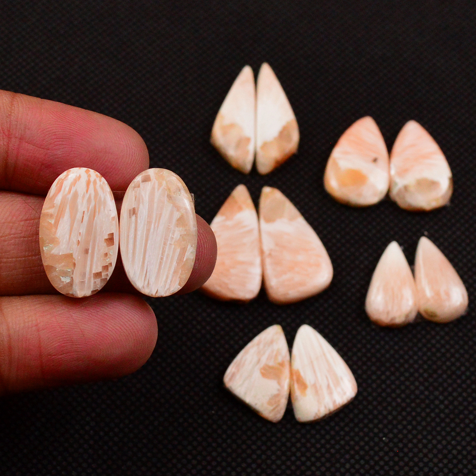 6 Pairs 80Cts Natural Pink Scolecite Cabochons Pairs lot for Silver Jewelry Making  22x15 15x8mm 19242