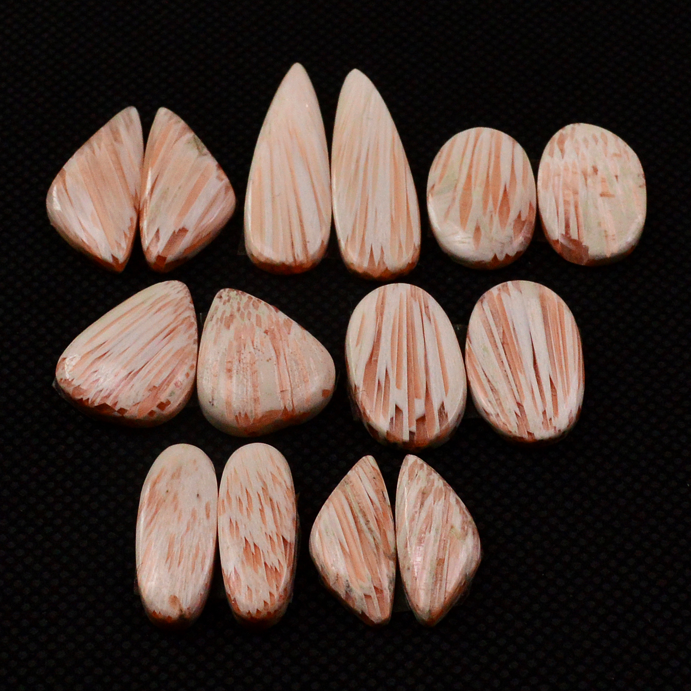 7 Pairs 70Cts Natural Pink Scolecite Cabochons Pairs lot for Silver Jewelry Making  28x15 15x5mm 19243