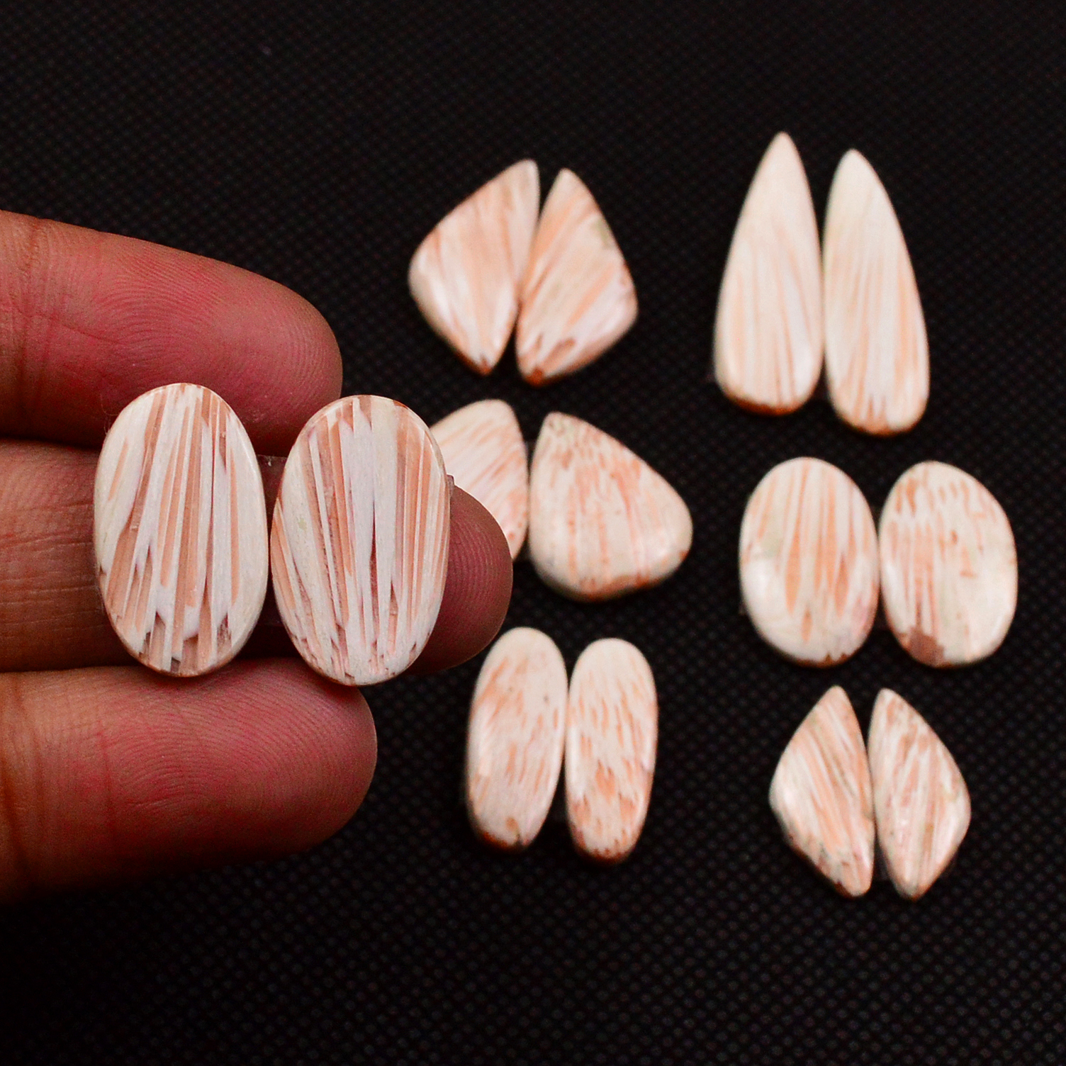 7 Pairs 70Cts Natural Pink Scolecite Cabochons Pairs lot for Silver Jewelry Making  28x15 15x5mm 19243