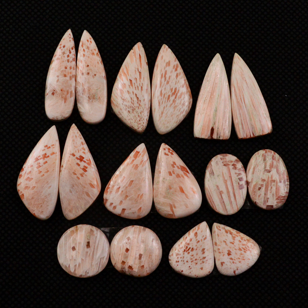 Image of 8 Pairs 108Cts Natural Pink Scolecite Cabochons Pairs lot for Silver Jewelry Making  26x5 12x12mm #19244