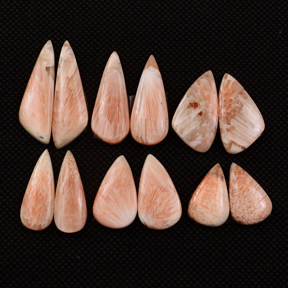 Image of 6 Pairs 81Cts Natural Pink Scolecite Cabochons Pairs lot for Silver Jewelry Making  28x8 18x10mm #19245