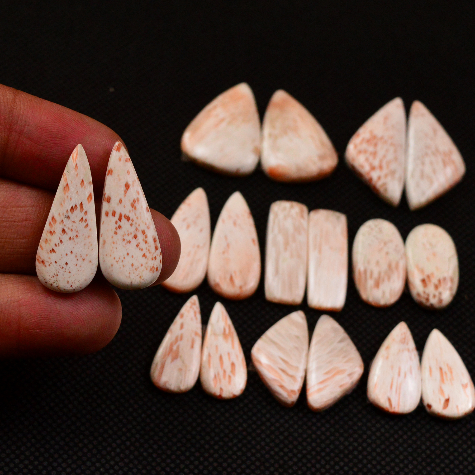 9 Pairs 125Cts Natural Pink Scolecite Cabochons Pairs lot for Silver Jewelry Making 22x8 17x8mm 19246