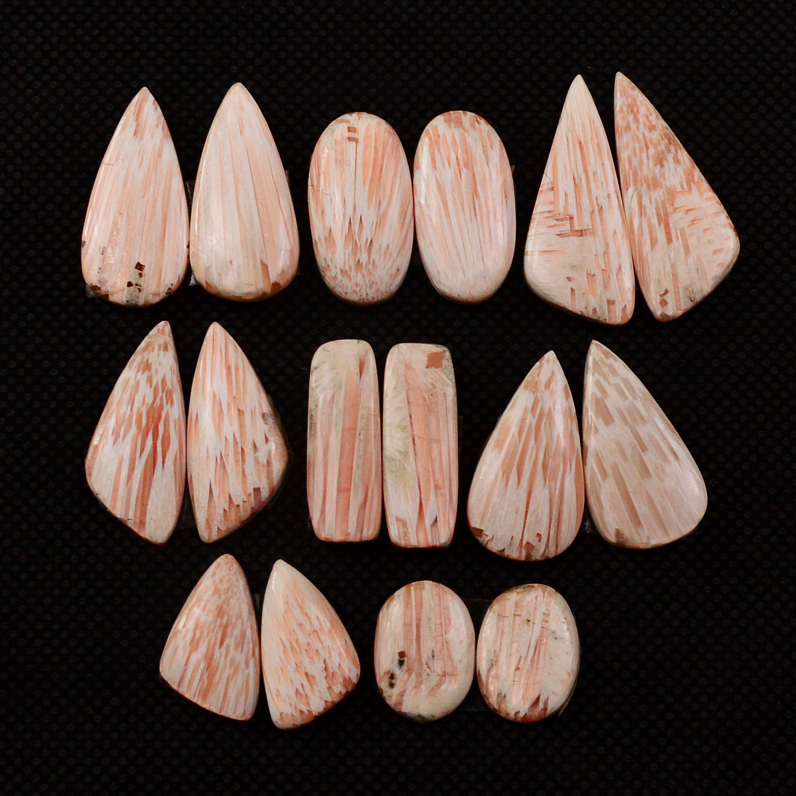 8 Pairs 90Cts Natural Pink Scolecite Cabochons Pairs lot for Silver Jewelry Making  25x9 12x8mm 19247