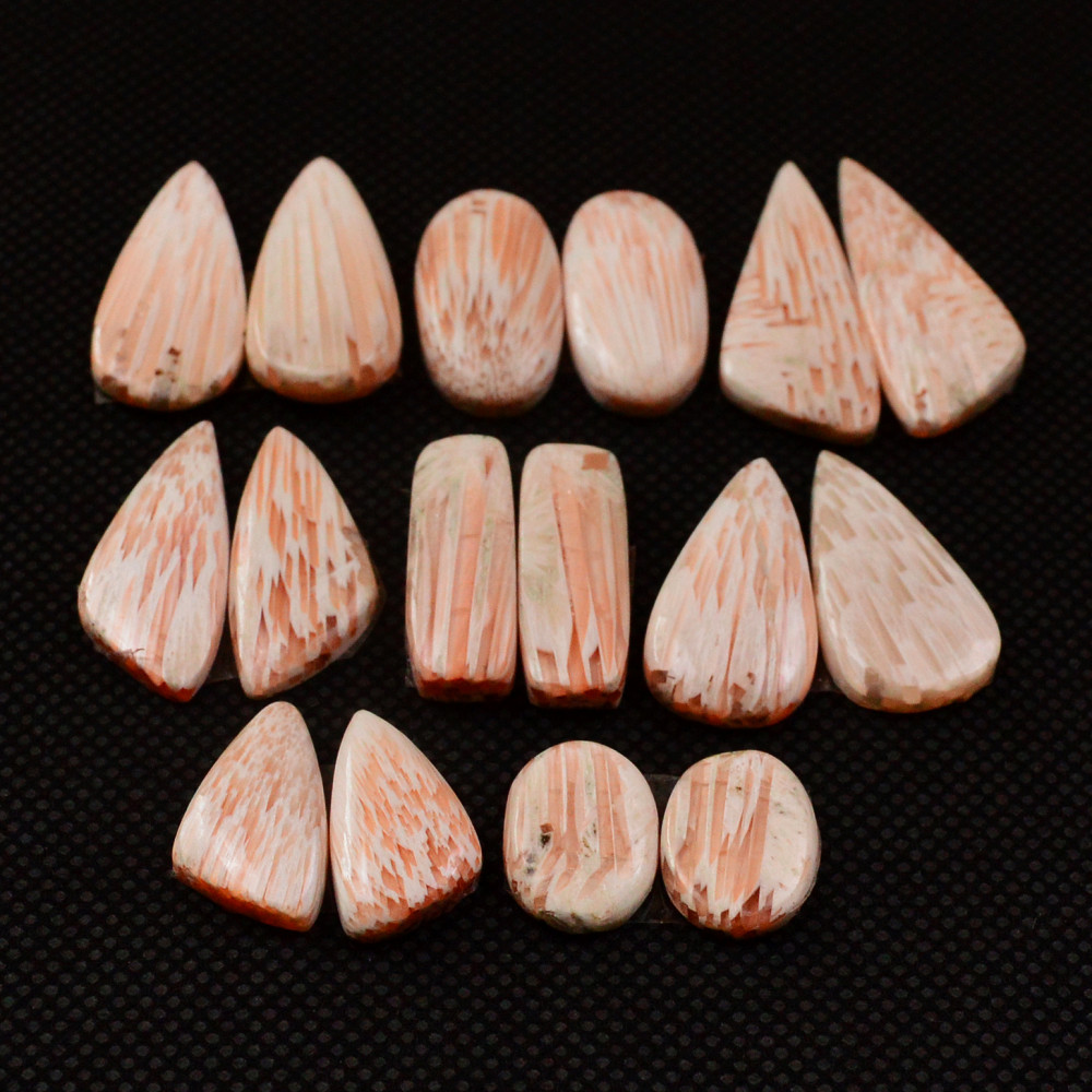 Image of 8 Pairs 90Cts Natural Pink Scolecite Cabochons Pairs lot for Silver Jewelry Making  25x9 12x8mm #19247