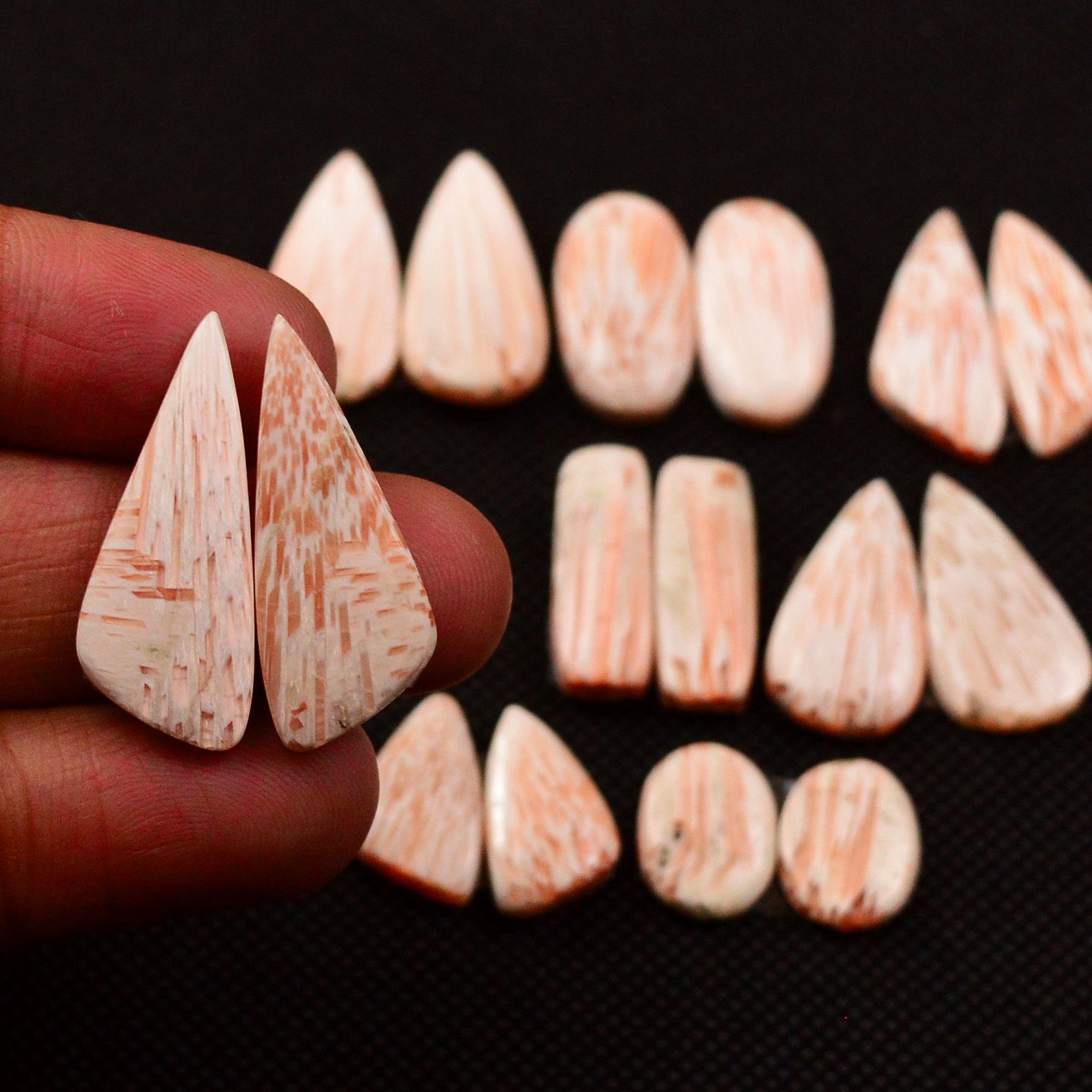 8 Pairs 90Cts Natural Pink Scolecite Cabochons Pairs lot for Silver Jewelry Making  25x9 12x8mm 19247