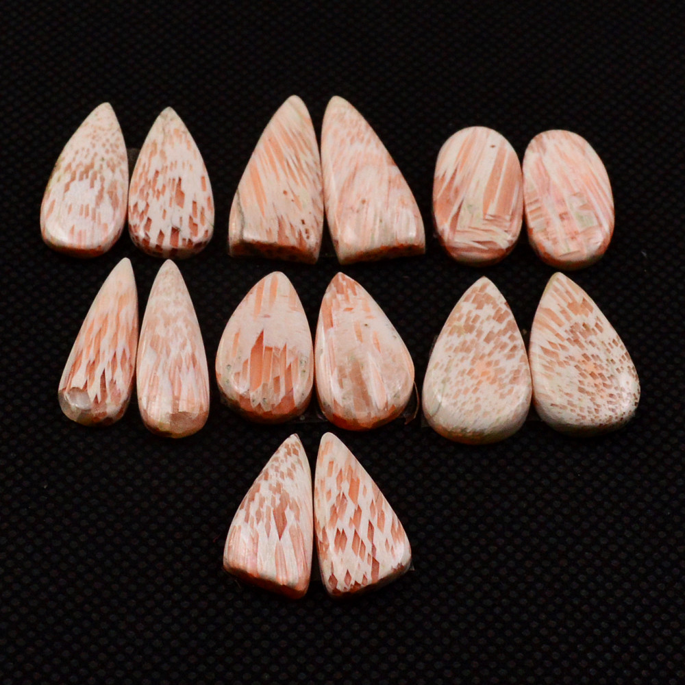 Image of 7 Pairs 74Cts Natural Pink Scolecite Cabochons Pairs lot for Silver Jewelry Making  22x8 19x9mm #19248