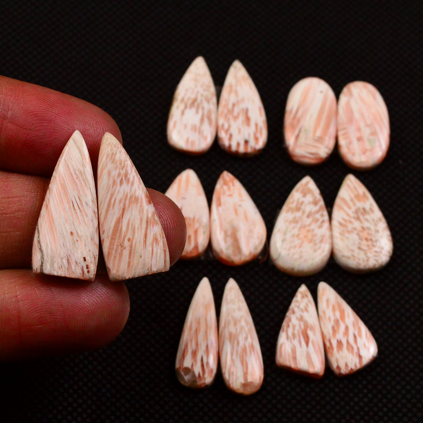 7 Pairs 74Cts Natural Pink Scolecite Cabochons Pairs lot for Silver Jewelry Making  22x8 19x9mm 19248