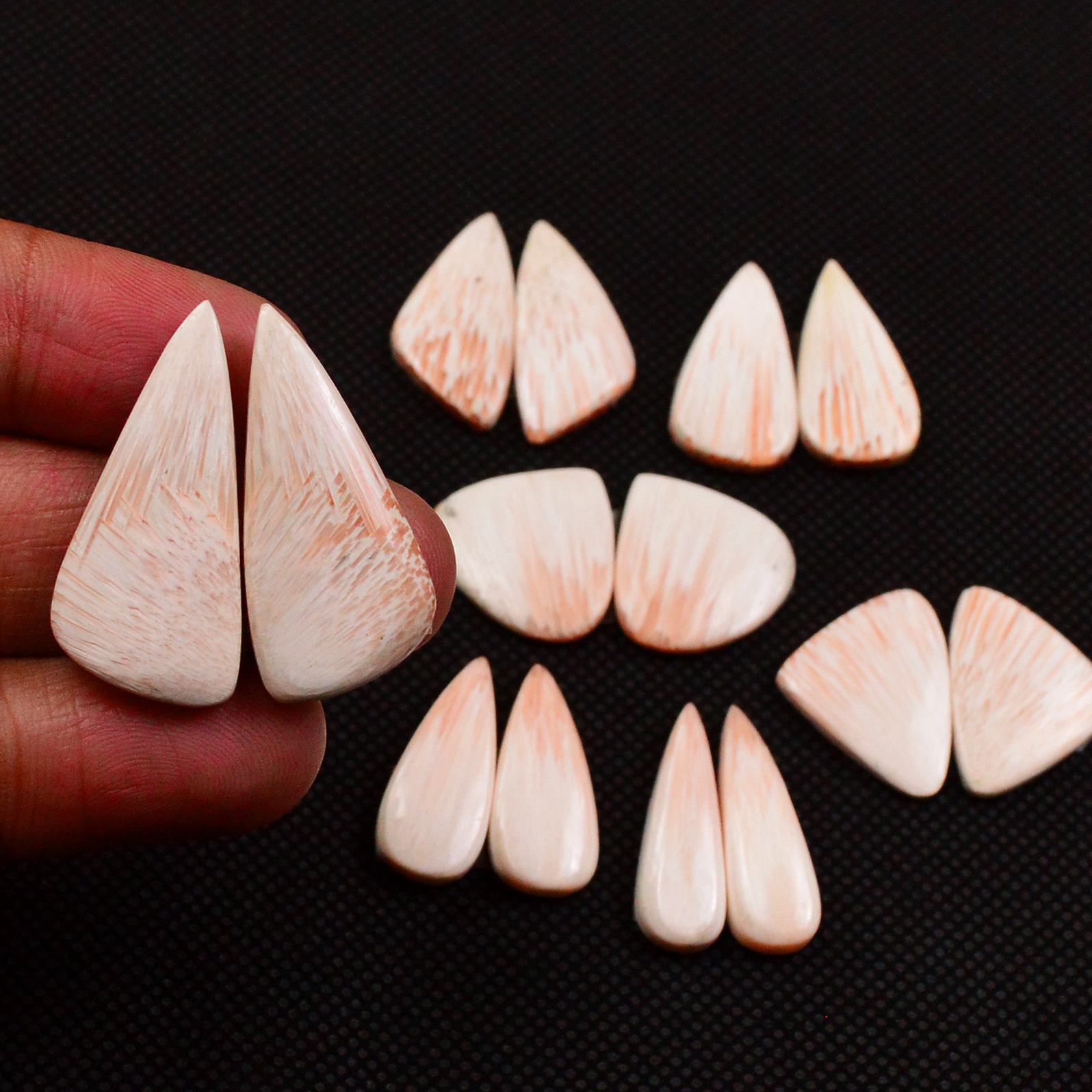 7 Pairs 84Cts Natural Pink Scolecite Cabochons Pairs lot for Silver Jewelry Making 28x12 15x16mm 19249
