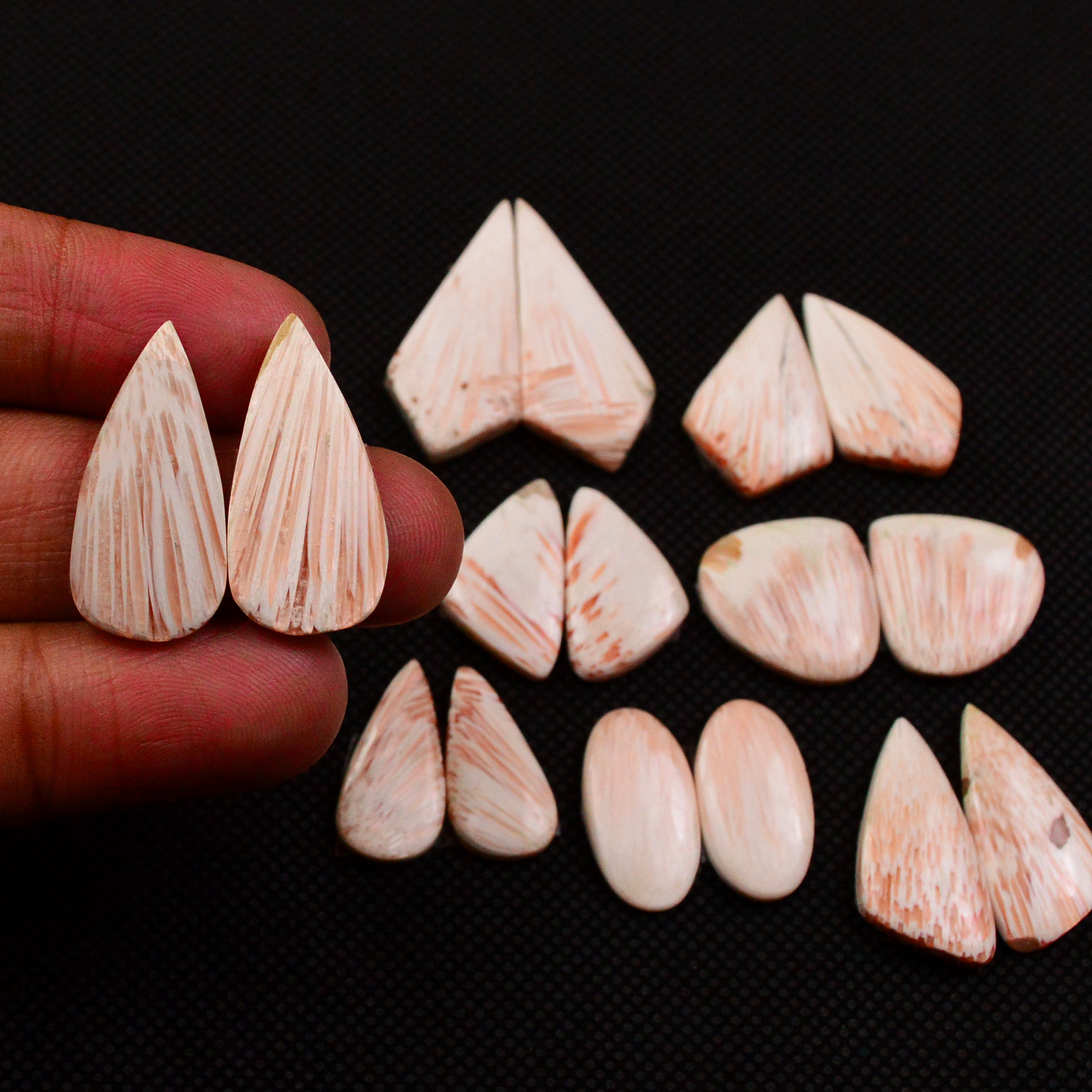 8 Pairs 98Cts Natural Pink Scolecite Cabochons Pairs lot for Silver Jewelry Making  22x10 19x8mm 19251
