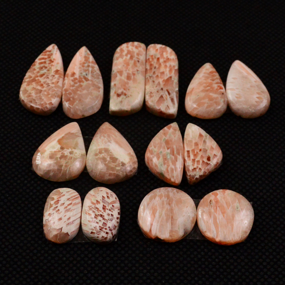 Image of 7 Pairs 89Cts Natural Pink Scolecite Cabochons Pairs lot for Silver Jewelry Making  24x9 12x12mm #19254
