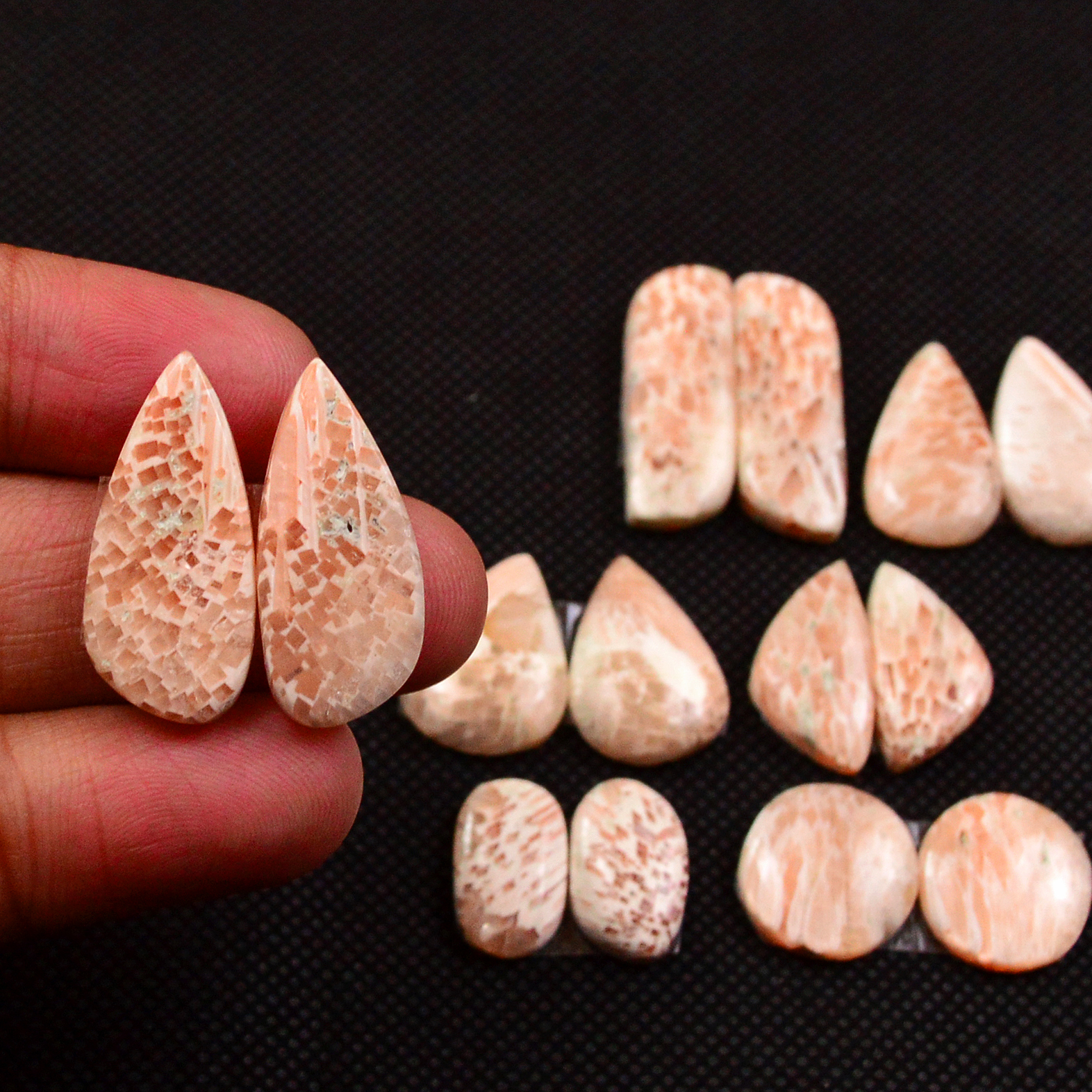 7 Pairs 89Cts Natural Pink Scolecite Cabochons Pairs lot for Silver Jewelry Making  24x9 12x12mm 19254