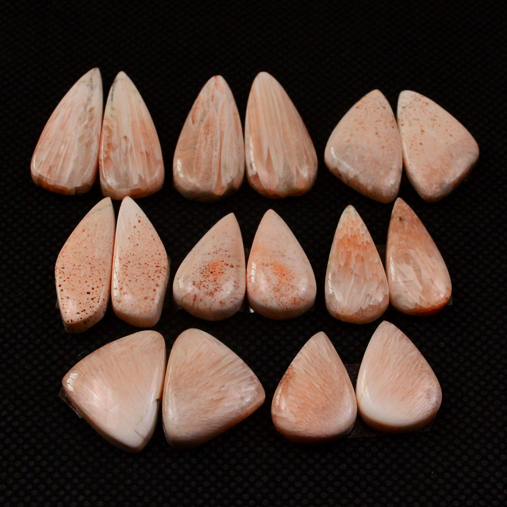 Image of 8 Pairs 105Cts Natural Pink Scolecite Cabochons Pairs lot for Silver Jewelry Making  22x9 16x8mm #19255