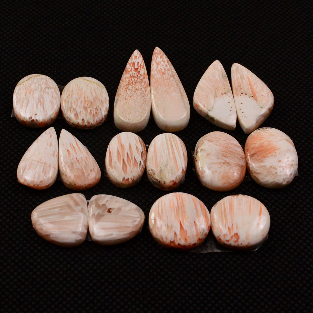 Image of 8 Pairs 106Cts Natural Pink Scolecite Cabochons Pairs lot for Silver Jewelry Making  28x7 13x13mm #19257
