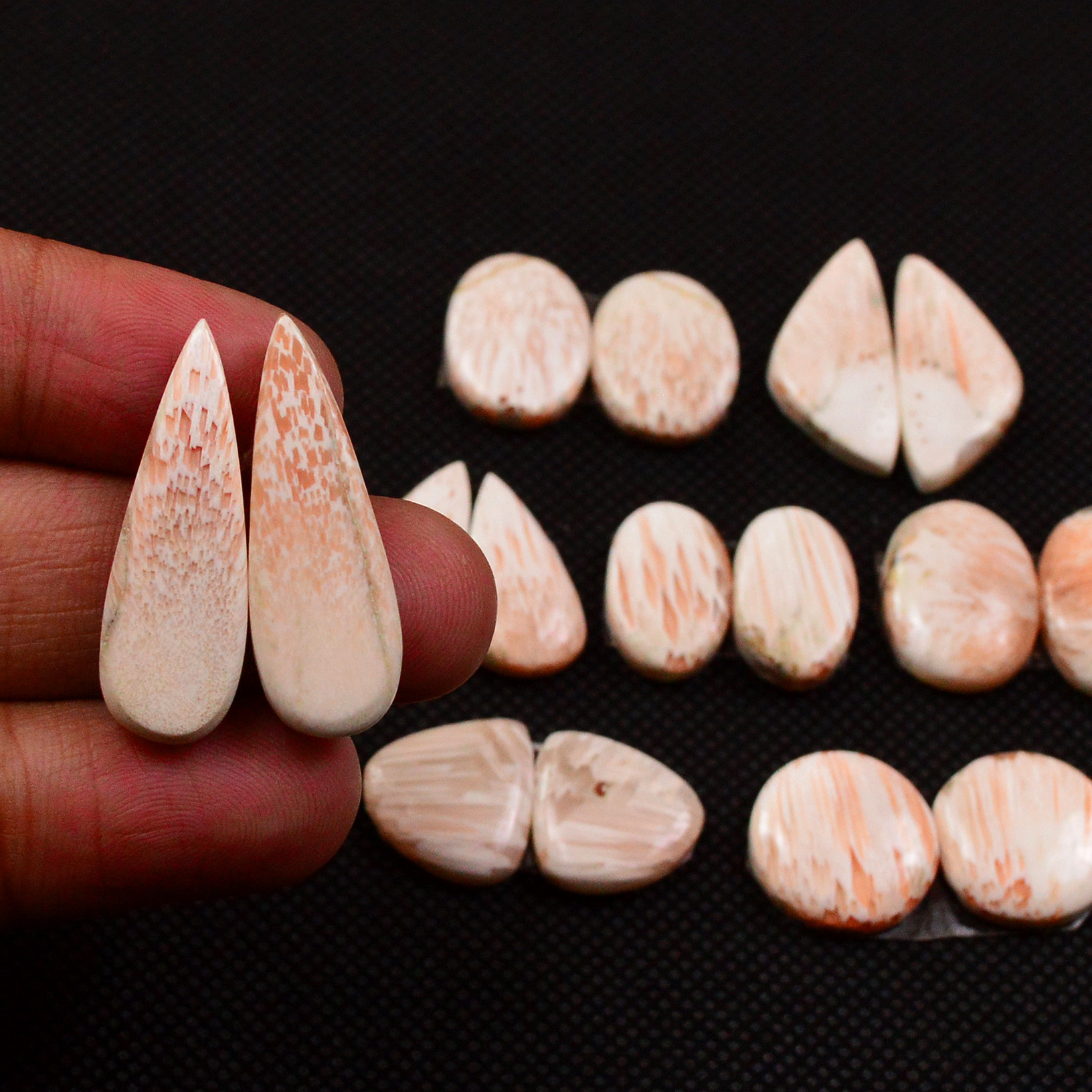 8 Pairs 106Cts Natural Pink Scolecite Cabochons Pairs lot for Silver Jewelry Making  28x7 13x13mm 19257