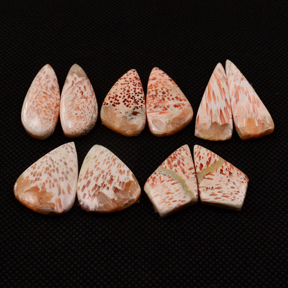 Image of 5 Pairs 88Cts Natural Pink Scolecite Cabochons Pairs lot for Silver Jewelry Making  30x9 22x13mm #19258