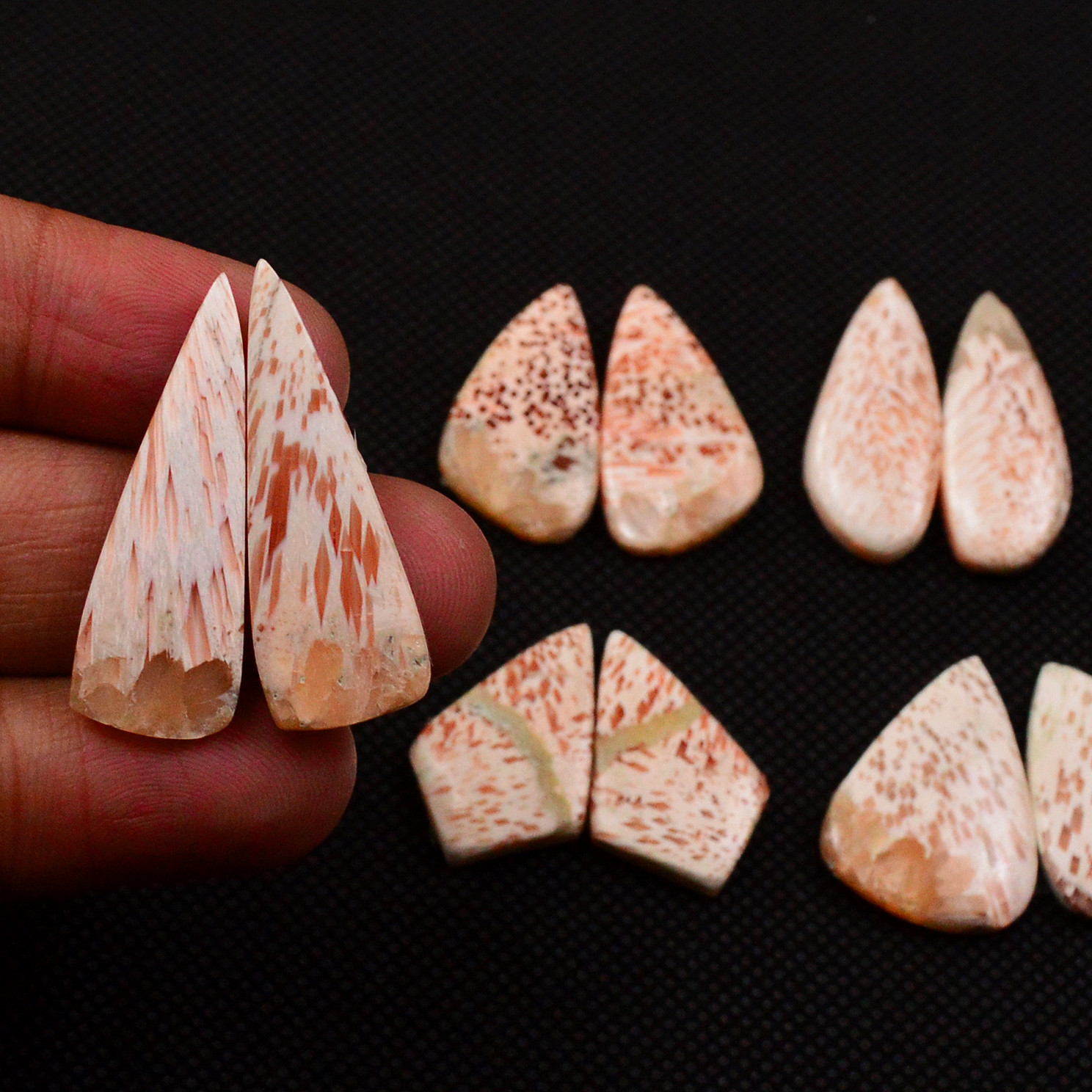 5 Pairs 88Cts Natural Pink Scolecite Cabochons Pairs lot for Silver Jewelry Making  30x9 22x13mm 19258