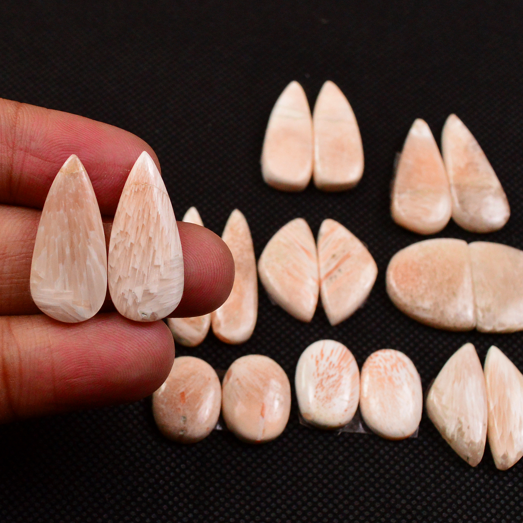 9 Pairs 129Cts Natural Pink Scolecite Cabochons Pairs lot for Silver Jewelry Making  26x6 14x10mm 19259